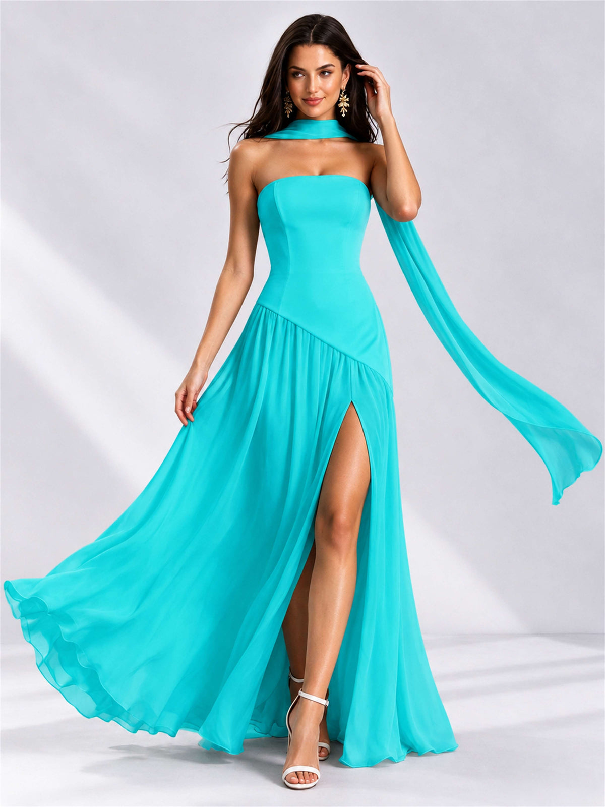 Strapless A-Line Chiffon Sleeveless Floor-Length Wedding Guest Dress with Scarf