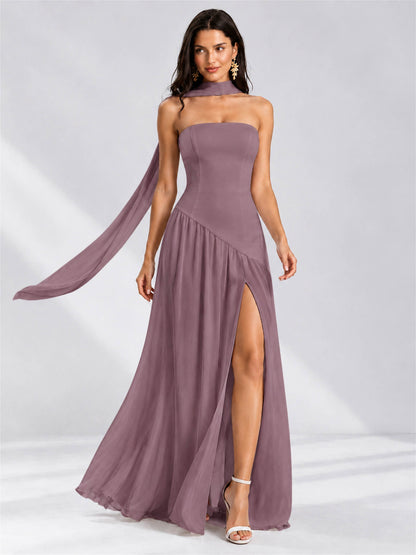 Strapless A-Line Chiffon Sleeveless Floor-Length Wedding Guest Dress with Scarf