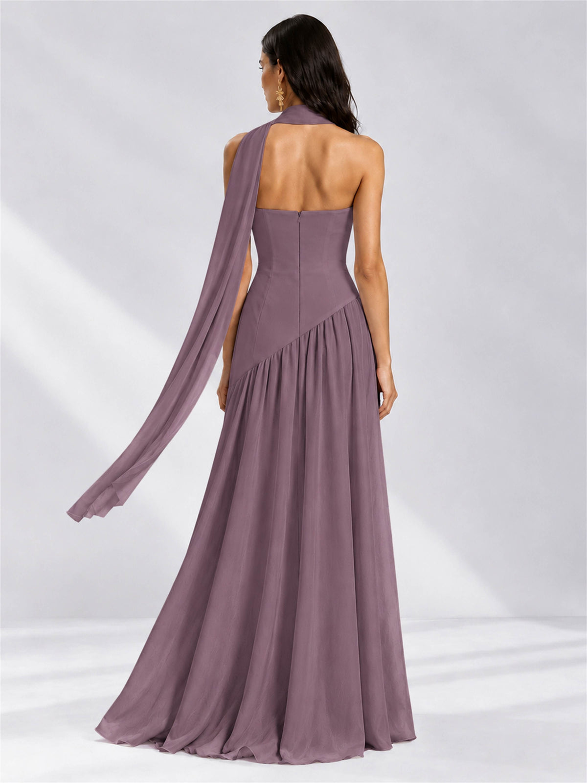 Strapless A-Line Chiffon Sleeveless Floor-Length Wedding Guest Dress with Scarf
