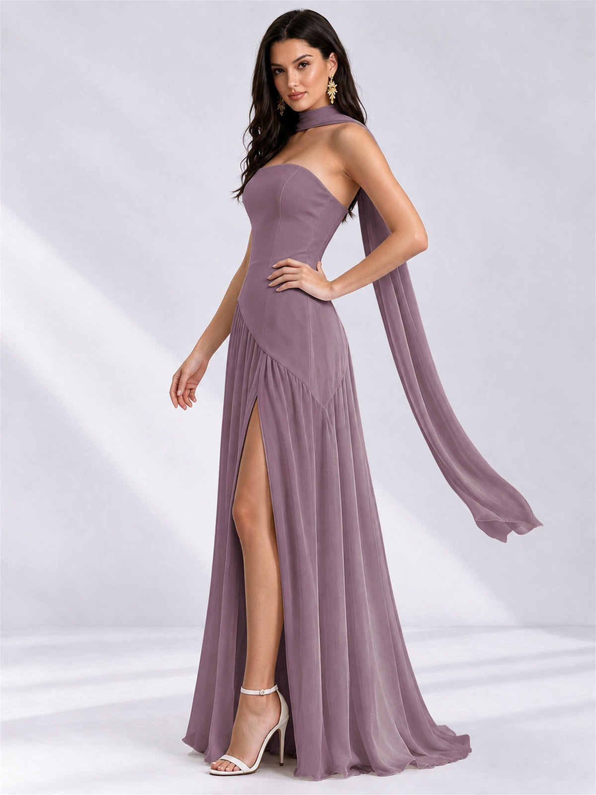 Strapless A-Line Chiffon Sleeveless Floor-Length Wedding Guest Dress with Scarf