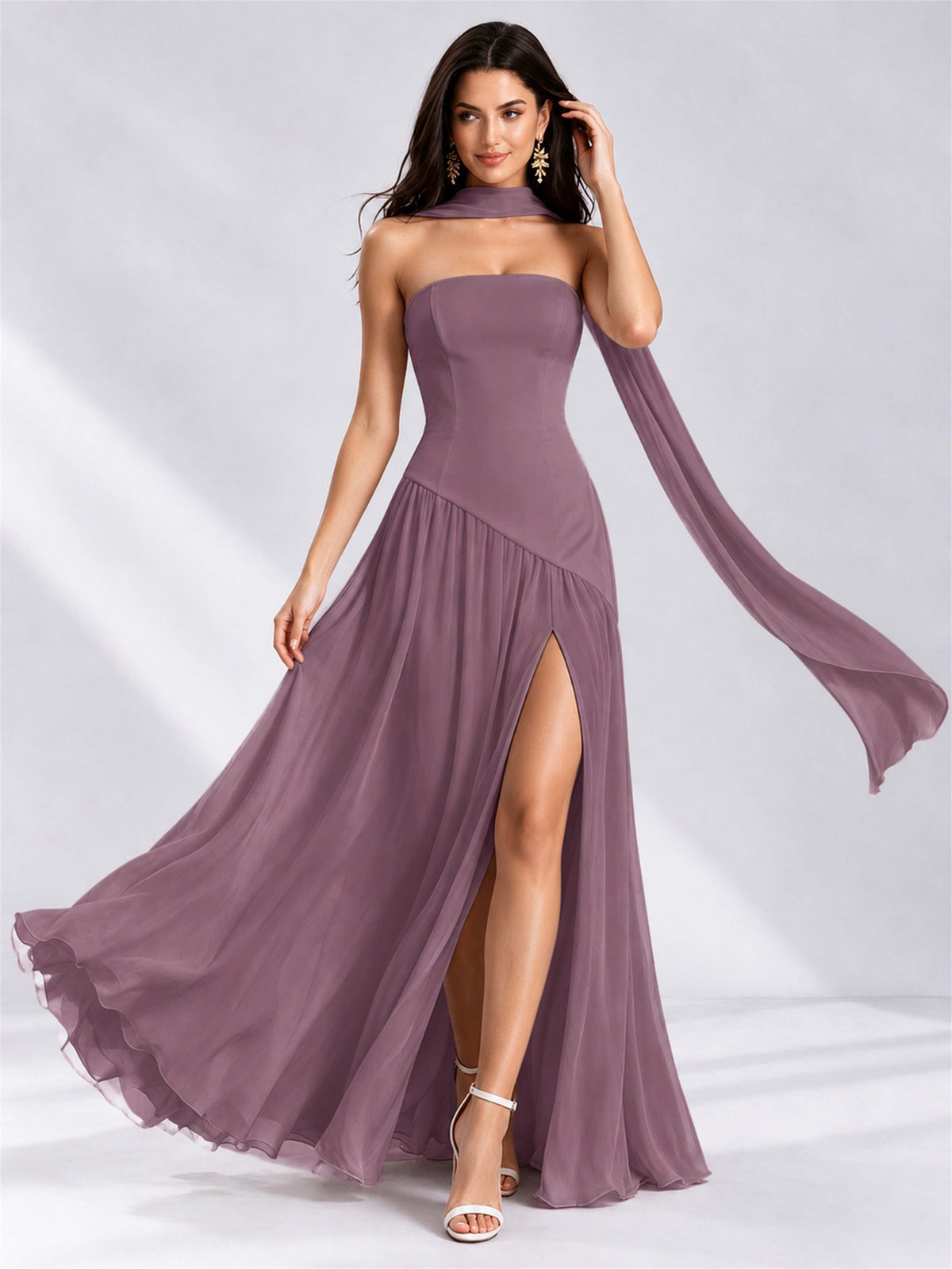 Strapless A-Line Chiffon Sleeveless Floor-Length Wedding Guest Dress with Scarf