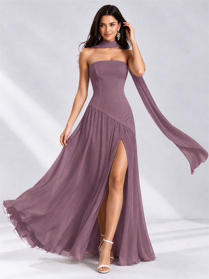 Strapless A-Line Chiffon Sleeveless Floor-Length Wedding Guest Dress with Scarf