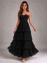 Strapless A-Line Chiffon Tiered Pleated Floor-Length Wedding Guest Dress