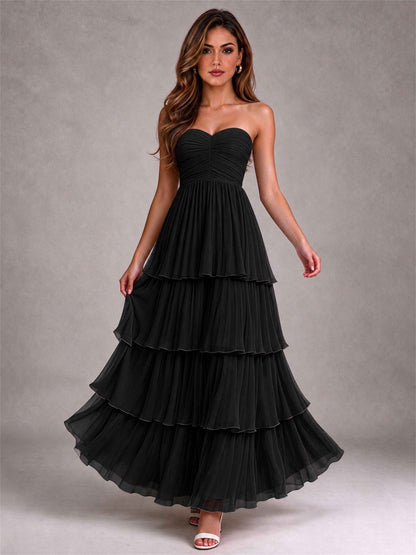 Strapless A-Line Chiffon Tiered Pleated Floor-Length Wedding Guest Dress