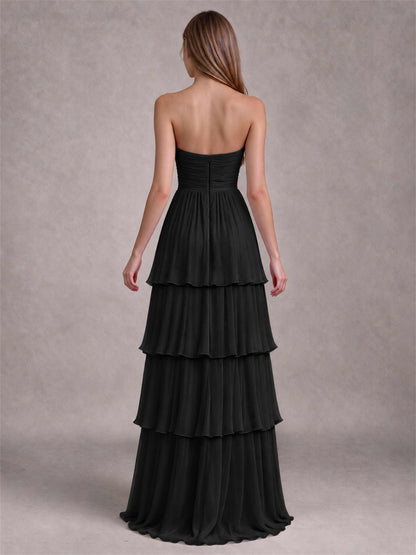 Strapless A-Line Chiffon Tiered Pleated Floor-Length Wedding Guest Dress