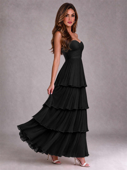 Strapless A-Line Chiffon Tiered Pleated Floor-Length Wedding Guest Dress