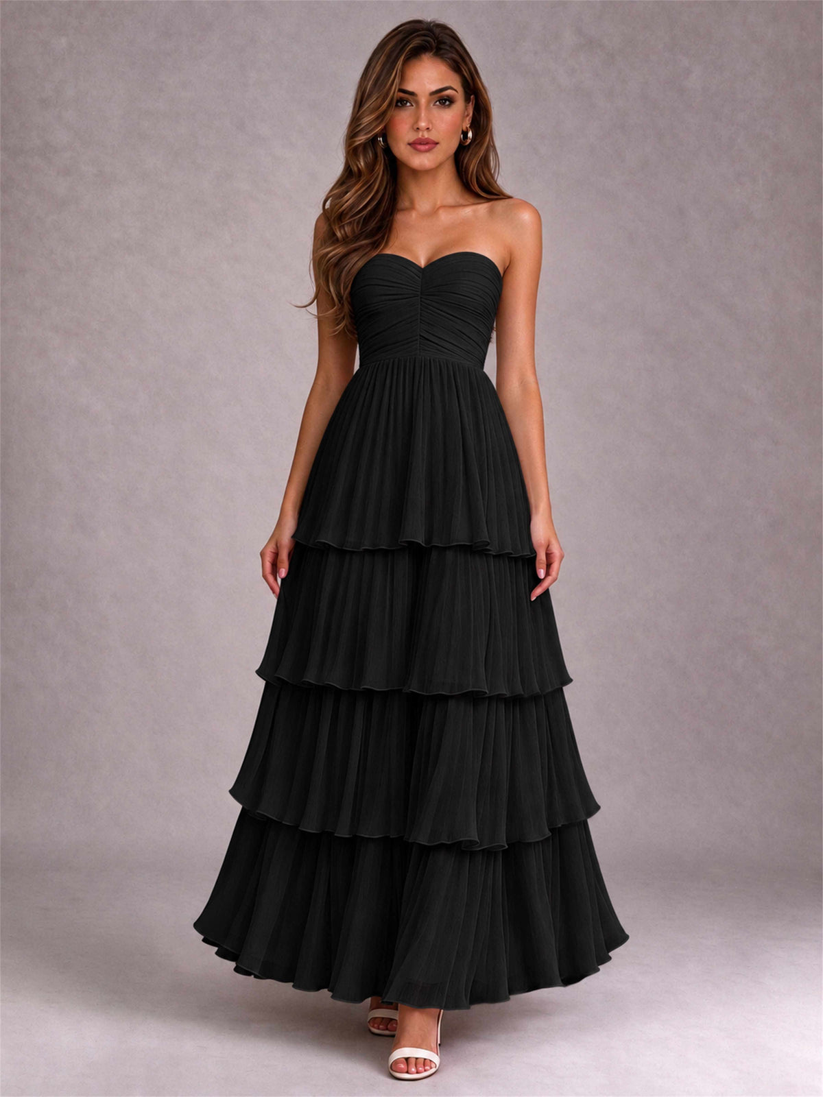 Strapless A-Line Chiffon Tiered Pleated Floor-Length Wedding Guest Dress