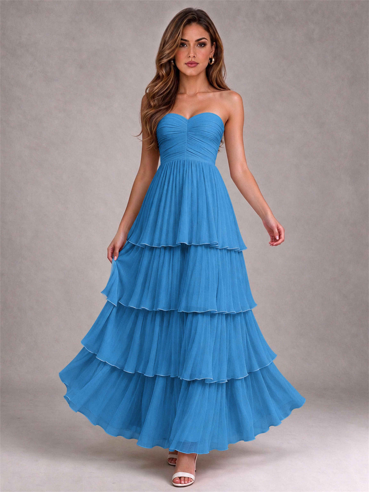 Strapless A-Line Chiffon Tiered Pleated Floor-Length Wedding Guest Dress