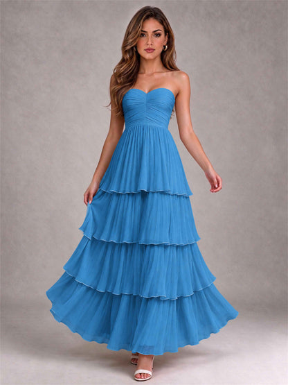 Strapless A-Line Chiffon Tiered Pleated Floor-Length Wedding Guest Dress