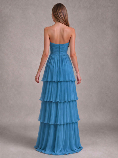 Strapless A-Line Chiffon Tiered Pleated Floor-Length Wedding Guest Dress
