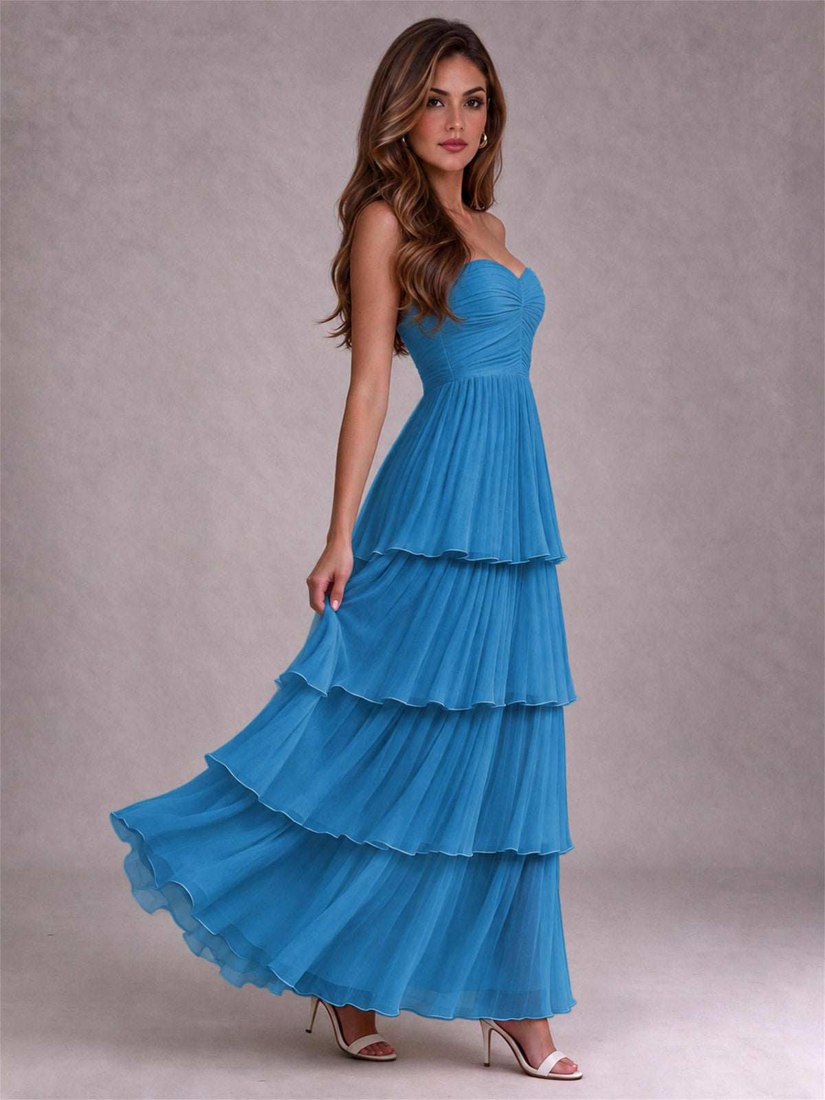 Strapless A-Line Chiffon Tiered Pleated Floor-Length Wedding Guest Dress