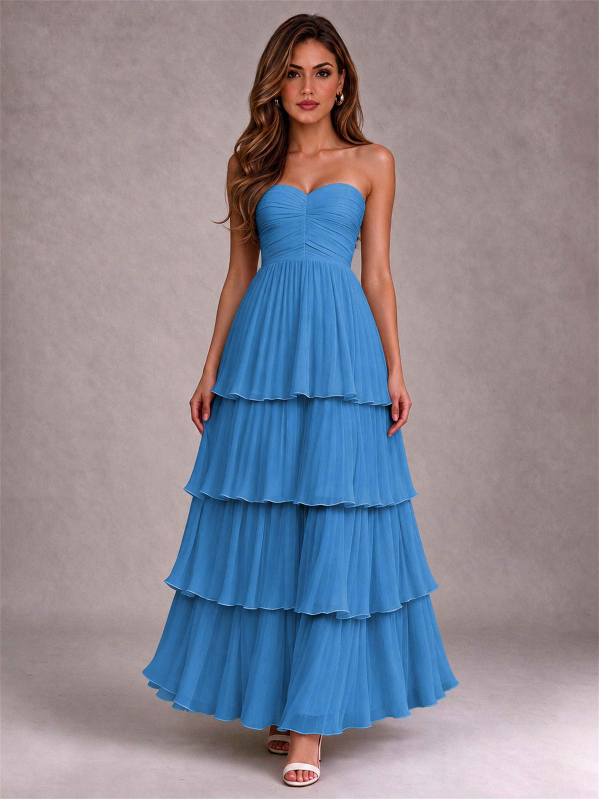 Strapless A-Line Chiffon Tiered Pleated Floor-Length Wedding Guest Dress