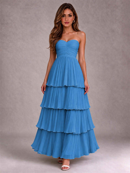 Strapless A-Line Chiffon Tiered Pleated Floor-Length Wedding Guest Dress