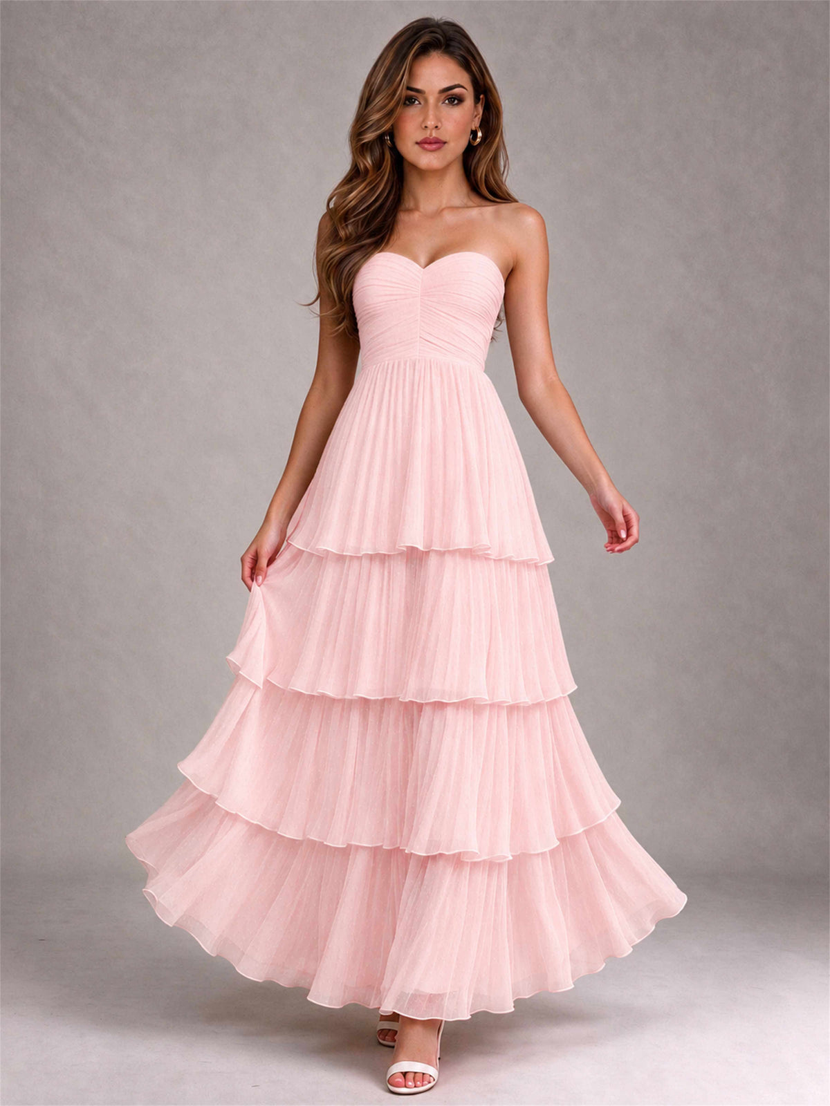 Strapless A-Line Chiffon Tiered Pleated Floor-Length Wedding Guest Dress
