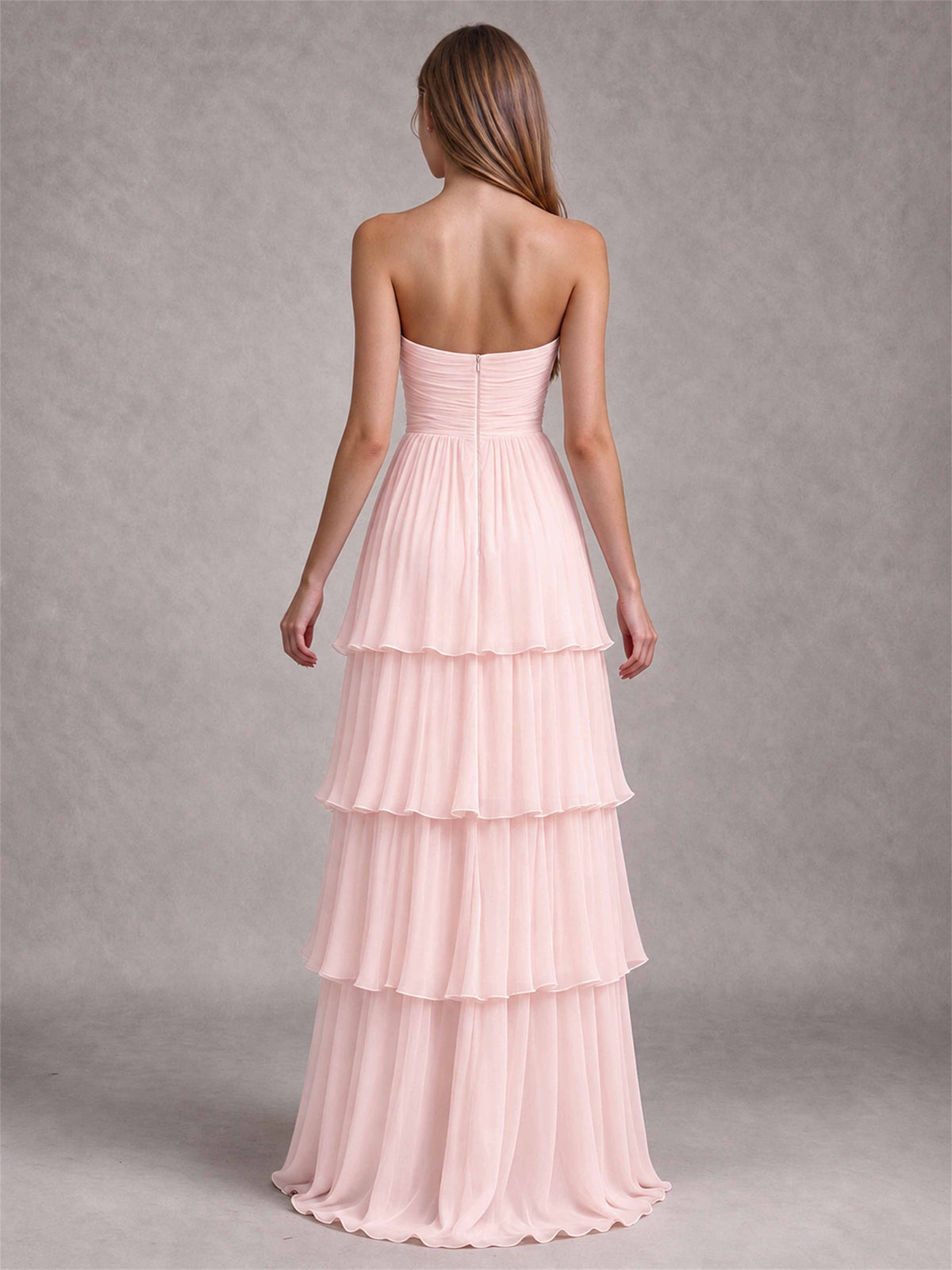 Strapless A-Line Chiffon Tiered Pleated Floor-Length Wedding Guest Dress
