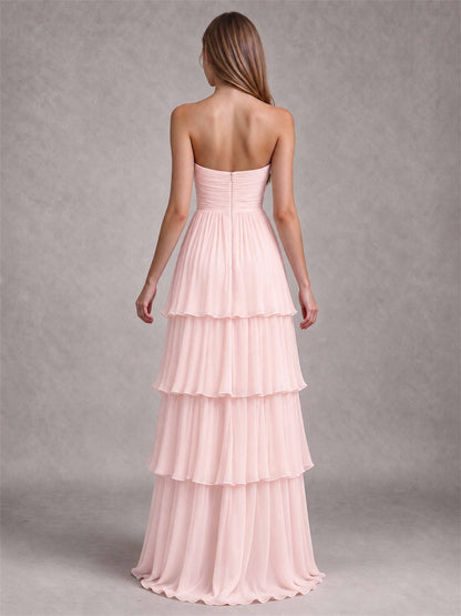 Strapless A-Line Chiffon Tiered Pleated Floor-Length Wedding Guest Dress