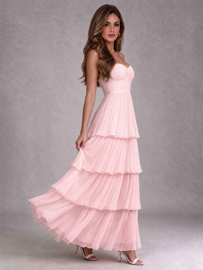 Strapless A-Line Chiffon Tiered Pleated Floor-Length Wedding Guest Dress