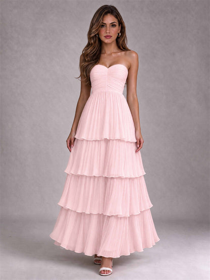 Strapless A-Line Chiffon Tiered Pleated Floor-Length Wedding Guest Dress