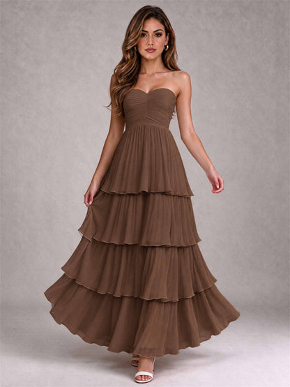 Strapless A-Line Chiffon Tiered Pleated Floor-Length Wedding Guest Dress
