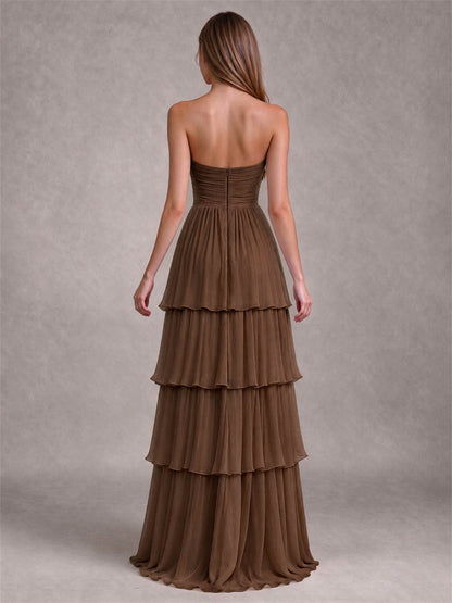 Strapless A-Line Chiffon Tiered Pleated Floor-Length Wedding Guest Dress