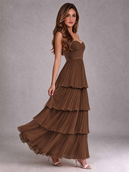 Strapless A-Line Chiffon Tiered Pleated Floor-Length Wedding Guest Dress