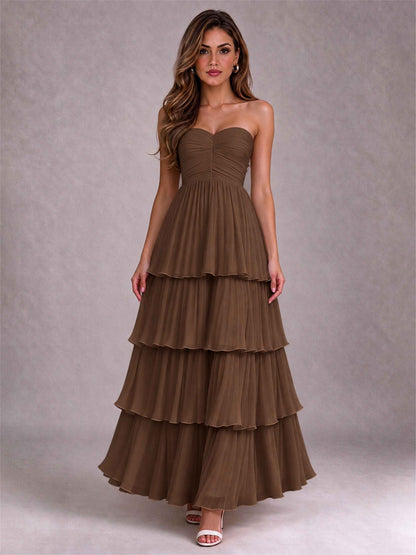 Strapless A-Line Chiffon Tiered Pleated Floor-Length Wedding Guest Dress
