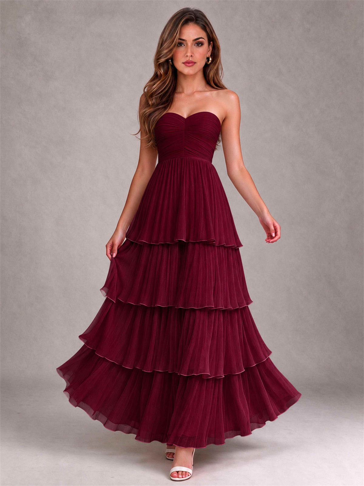 Strapless A-Line Chiffon Tiered Pleated Floor-Length Wedding Guest Dress