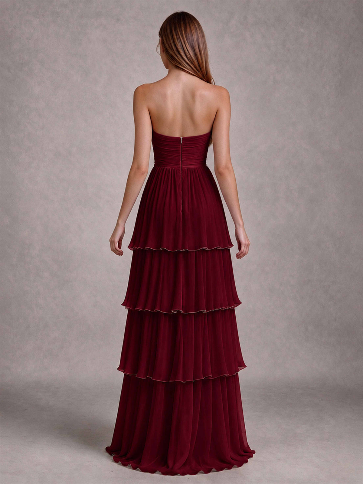 Strapless A-Line Chiffon Tiered Pleated Floor-Length Wedding Guest Dress