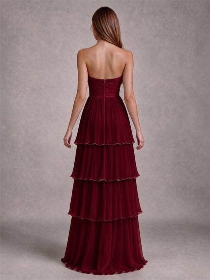 Strapless A-Line Chiffon Tiered Pleated Floor-Length Wedding Guest Dress