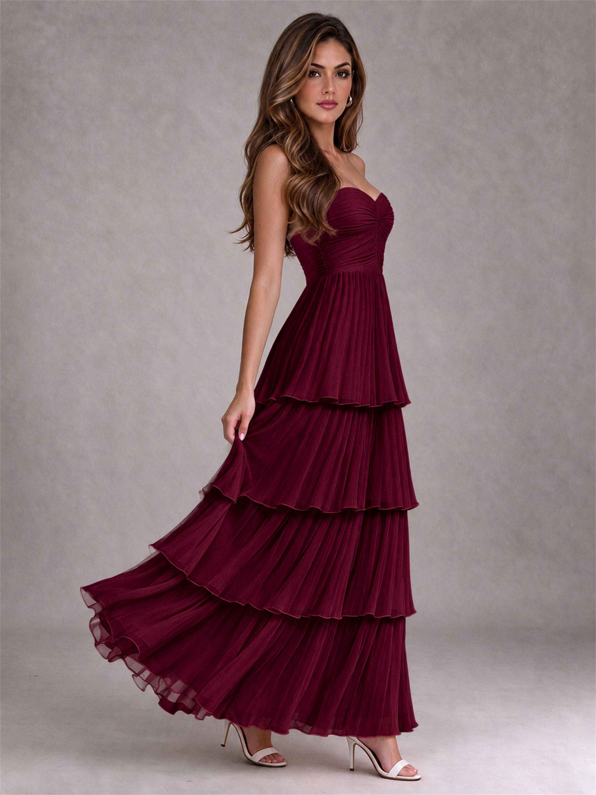 Strapless A-Line Chiffon Tiered Pleated Floor-Length Wedding Guest Dress