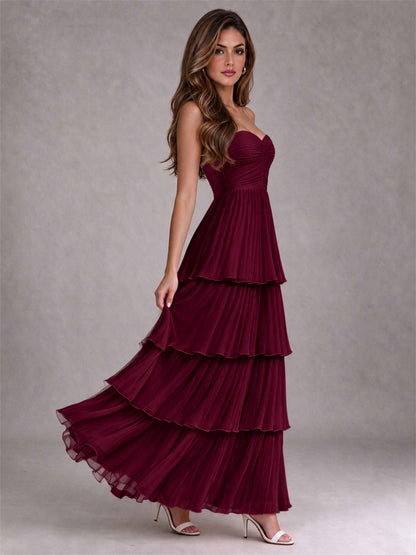 Strapless A-Line Chiffon Tiered Pleated Floor-Length Wedding Guest Dress