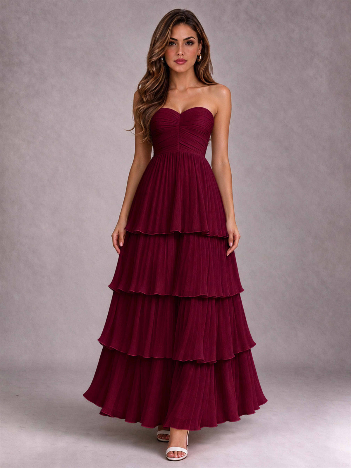 Strapless A-Line Chiffon Tiered Pleated Floor-Length Wedding Guest Dress