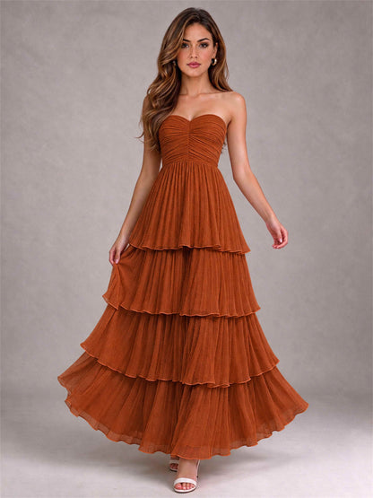 Strapless A-Line Chiffon Tiered Pleated Floor-Length Wedding Guest Dress