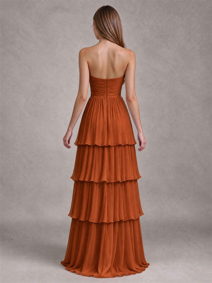 Strapless A-Line Chiffon Tiered Pleated Floor-Length Wedding Guest Dress