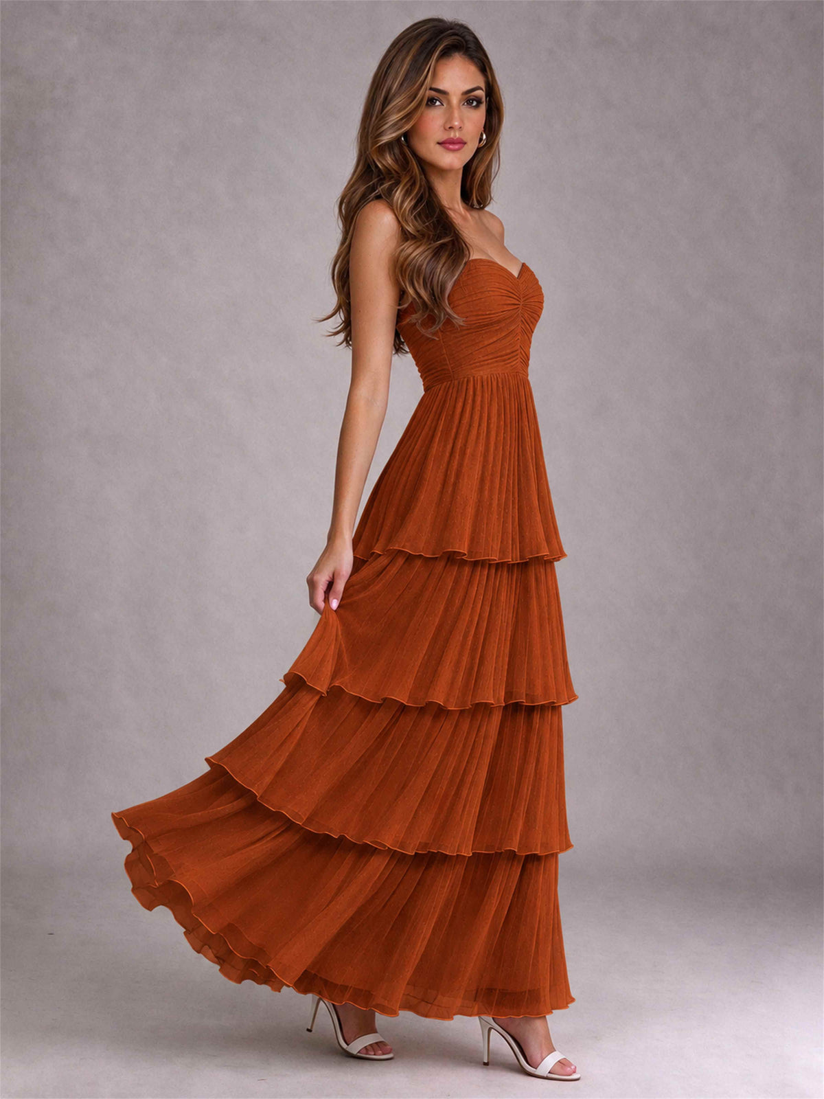 Strapless A-Line Chiffon Tiered Pleated Floor-Length Wedding Guest Dress