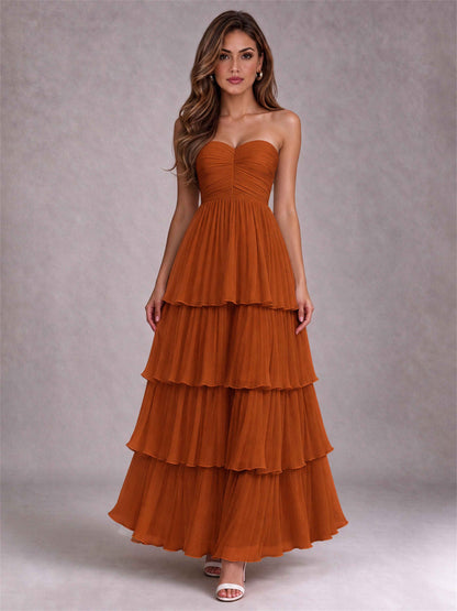Strapless A-Line Chiffon Tiered Pleated Floor-Length Wedding Guest Dress