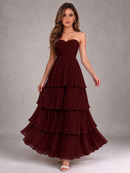 Strapless A-Line Chiffon Tiered Pleated Floor-Length Wedding Guest Dress