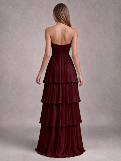 Strapless A-Line Chiffon Tiered Pleated Floor-Length Wedding Guest Dress