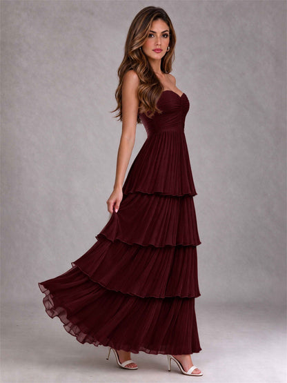 Strapless A-Line Chiffon Tiered Pleated Floor-Length Wedding Guest Dress