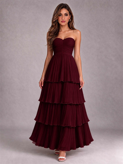 Strapless A-Line Chiffon Tiered Pleated Floor-Length Wedding Guest Dress