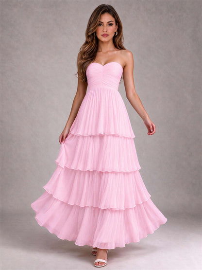 Strapless A-Line Chiffon Tiered Pleated Floor-Length Wedding Guest Dress