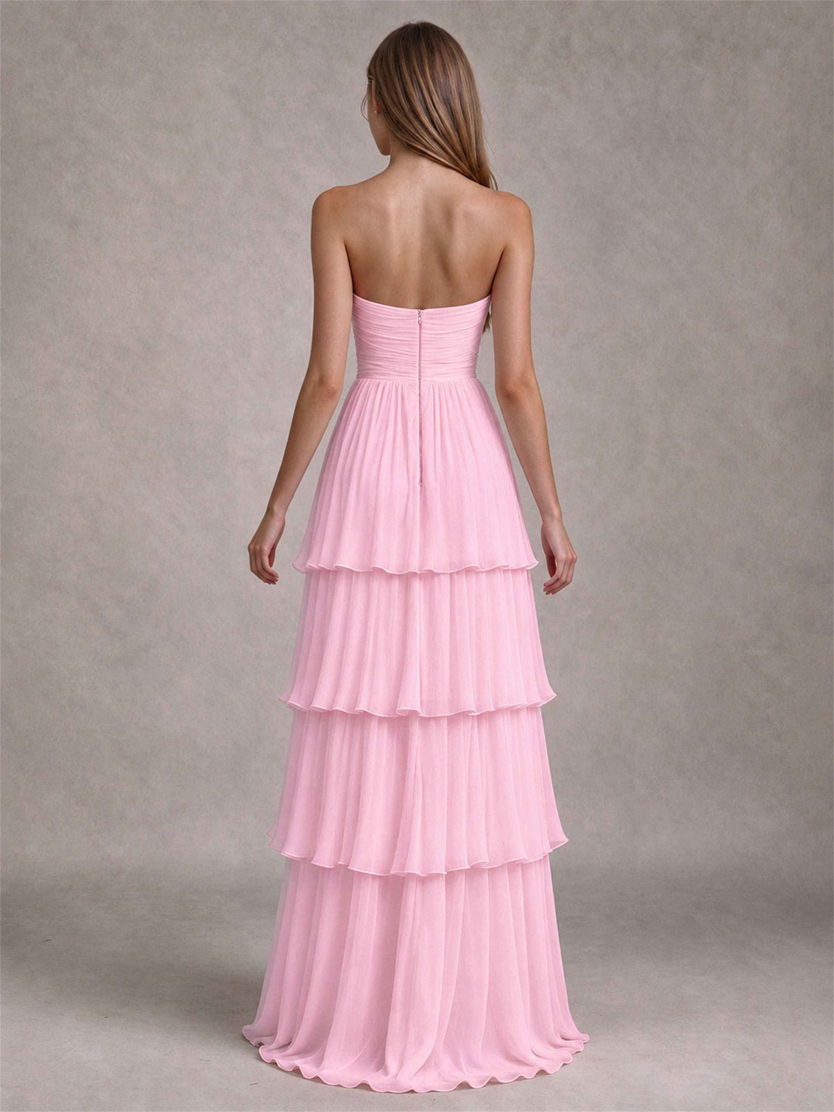 Strapless A-Line Chiffon Tiered Pleated Floor-Length Wedding Guest Dress