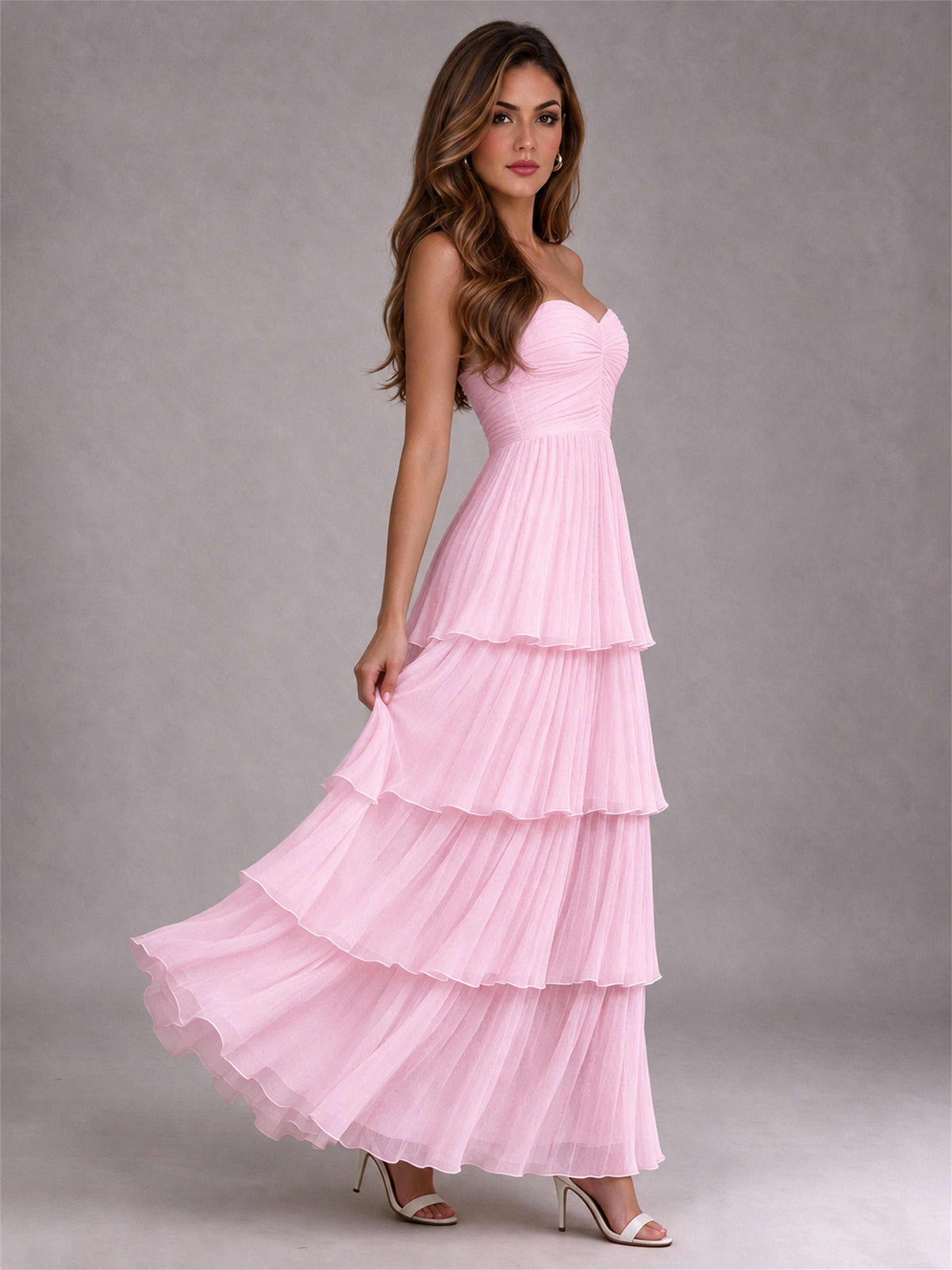 Strapless A-Line Chiffon Tiered Pleated Floor-Length Wedding Guest Dress