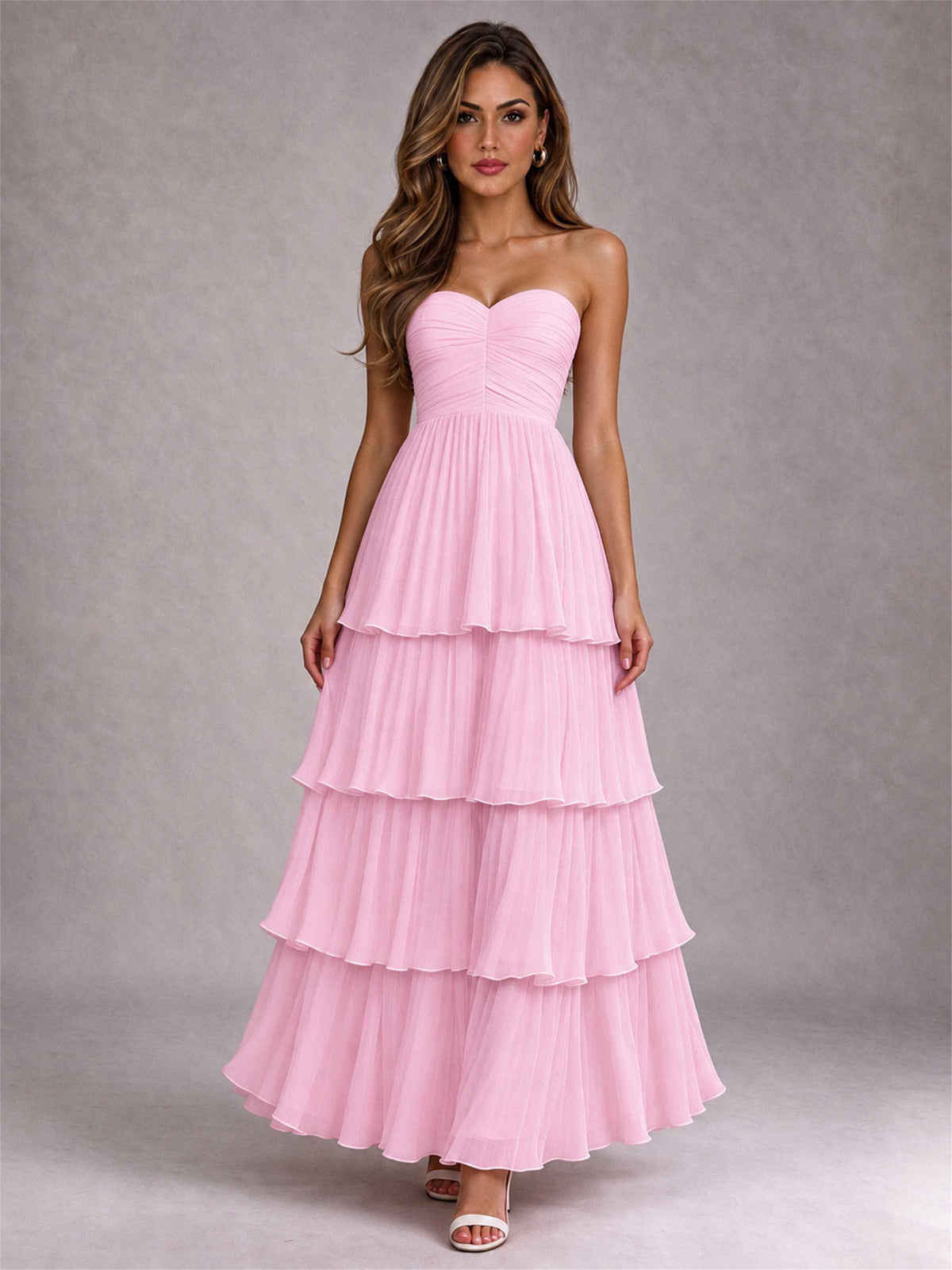 Strapless A-Line Chiffon Tiered Pleated Floor-Length Wedding Guest Dress