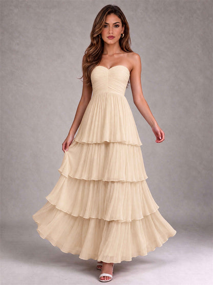 Strapless A-Line Chiffon Tiered Pleated Floor-Length Wedding Guest Dress