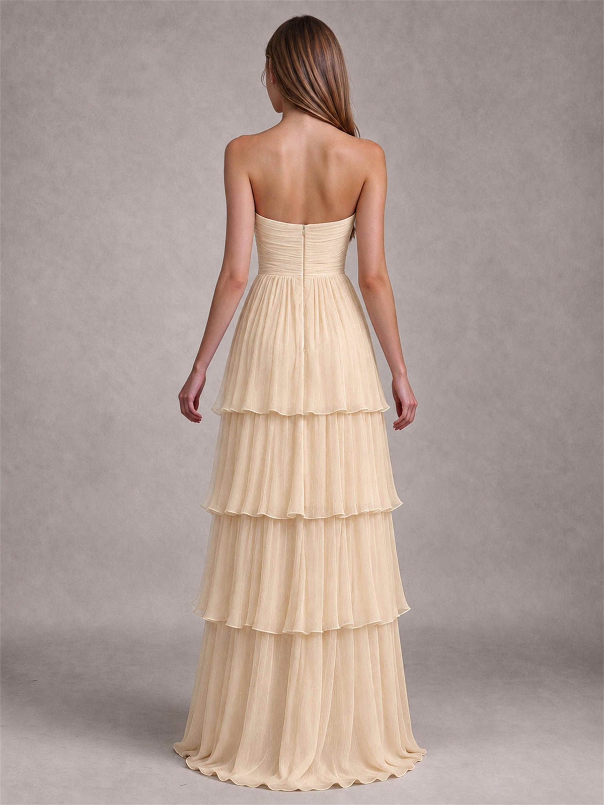 Strapless A-Line Chiffon Tiered Pleated Floor-Length Wedding Guest Dress