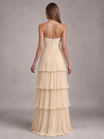 Strapless A-Line Chiffon Tiered Pleated Floor-Length Wedding Guest Dress