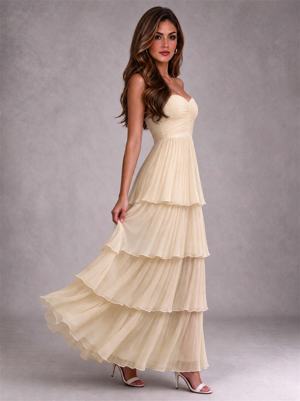 Strapless A-Line Chiffon Tiered Pleated Floor-Length Wedding Guest Dress