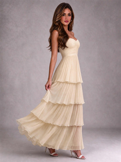 Strapless A-Line Chiffon Tiered Pleated Floor-Length Wedding Guest Dress