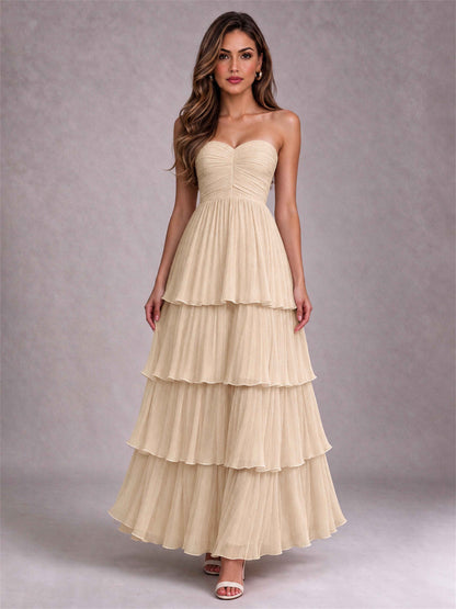 Strapless A-Line Chiffon Tiered Pleated Floor-Length Wedding Guest Dress
